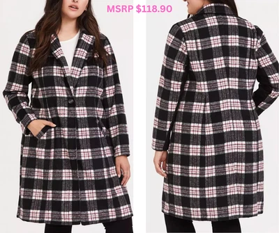 NWT Torrid 2 Black Red & White Plaid Mid-weight Button Detail Top Coat, 2X 18 20 - Image 1 of 4