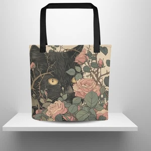 Bolso de Mano Gótico Negro Gato Rosas Rosa Floral Vintage Gato Reutilizable Bolso de Lona - Imagen 1 de 9