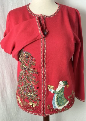 Vintage Quacker Factory Med Women Christmas Holiday Red BeadedDecorated Sweater - Image 1 of 4