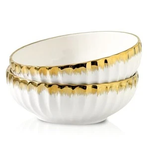 Serving Bowls Extra Large Salad Bowl Set of 2, Ceramic 10 inch white and gold - Picture 1 of 7