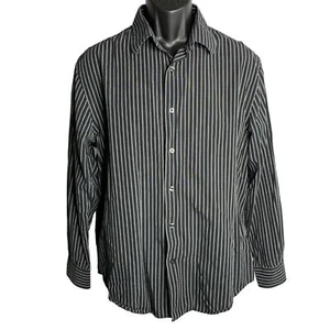 Perry Ellis Button Up Long Sleeves Shirt L Black White Striped Point Collar - Picture 1 of 6