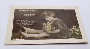 Postal recordando tu cumpleaños, vintage, década de 1920, en relieve, escrita - Imagen 1 de 5