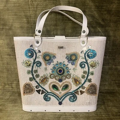 De Colección Mod Años 60 Cartera Bolso de Mano con Joyas Parte Inferior de Madera Estilo Enid Collins Foto 1 de 4