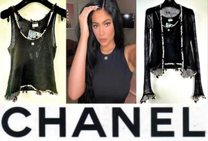 Chanel Vintage 2005 Black Mesh Sweater Tank Top Set 36 38 4 6 Jacket CC Logo S M - Picture 1 of 19