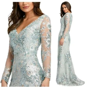 NWT MAC DUGGAL EMBELLISHED V‎ NECK ILLUSION LONG SLEEVE GOWN 67539 SEA MIST - Picture 1 of 11
