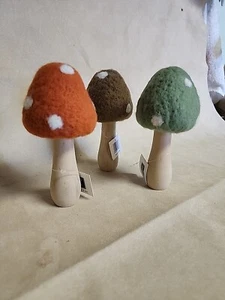Cute Mushroom Ornament Wood Base Felt Cap 6 In Tall Woodsy Spring Decor - Picture 1 of 9