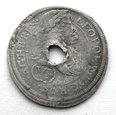 AUSTRIAN EMPIRE 6 KREUZER 1687 Silver KM#1185 Leopold I, Holed. GG5.6 - Image 1 of 2