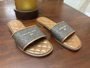 Michael Kors Women's Luggage Brown Saylor Slide Leather Sandals Size 8.5 NEW - Picture 1 of 8