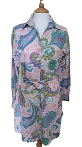 Amira Paisley White Green Orange Cotton Long Sleeve Belted Midi Shirt Dress UK L - Picture 1 of 8