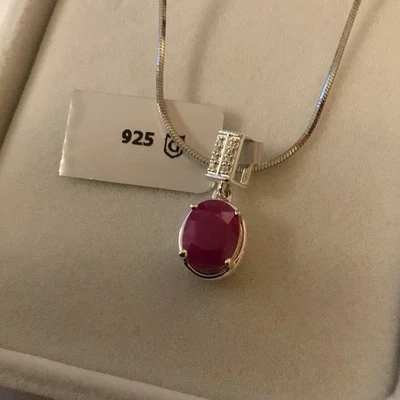 Boxed, Sterling Silver, S925, 18 Inch, Snake Chain, Kenyan Ruby & Zircon Pendant - Image 1 of 4