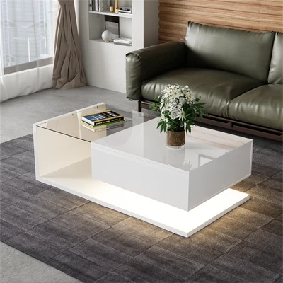 MERAX Coffee Table with LED Light, High-Gloss White With Drawer Living Room Furniture