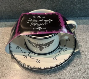 Hauntingly Elegant Ceramic Teacup & Saucer Moth Spider New - Picture 1 of 4