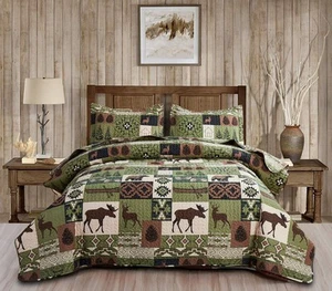 Rustic Lodge Quilt Set Moose Elk Bedspread King Size Forest Bear Deer Quilt M... - Picture 1 of 7