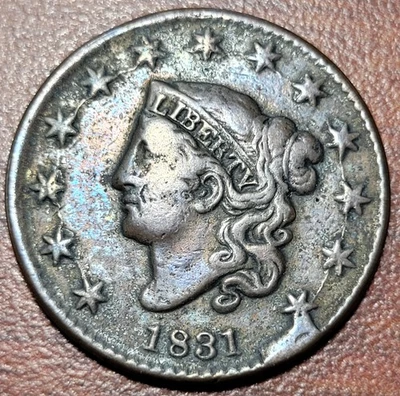 Cabeza de matrona corona centavo grande 1831 FINA + sin precio base letras Lg N-12 R-1 tonificación original Foto 1 de 2