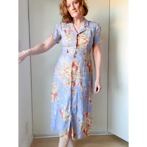 Vintage 1940s Style Lavender Floral Shirt Dress – Linen Midi, Cottagecore Dream - Picture 1 of 11