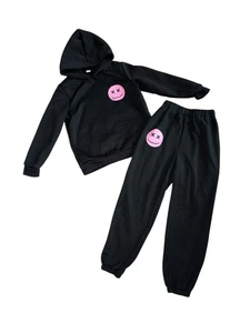 Girls Everything Will Be Okay Happy Face 2pc Black Fleece Sweatsuit Size 8Y - Picture 1 of 3