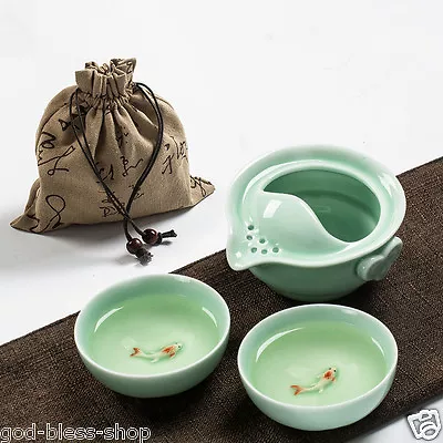 Селадон фарфора чайный набор для путешествий китайский кунг-фу чайный набор горшок чашка бамбуковый поднос - Изображение 1 из 4