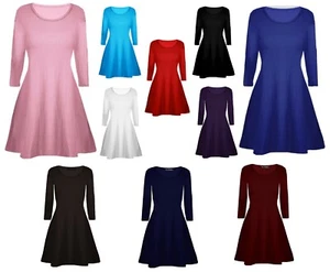 New Kids Girls Skater Plain Long Sleeve Swing Dress Red Black White Ages 5-13 - Picture 1 of 11