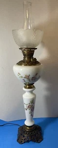 Antique Hand Paint Pink Floral Parlor Banquet Piano Electrified Oil Lamp GWTW - Picture 1 of 24
