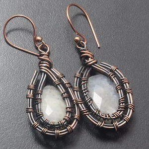 Moonstone Faceted Gemstone Wire Wrapped Handmade Earrings 2" Jewelry H8261 - Picture 1 of 3