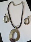 CHICO'S SILVER TONE RING ON LEATHER STRANDS NECKLACE & EARRINGS SET 