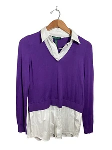 Lauren Ralph Lauren maglione camicia donna Petite Small manica lunga viola bianco - Foto 1 di 4