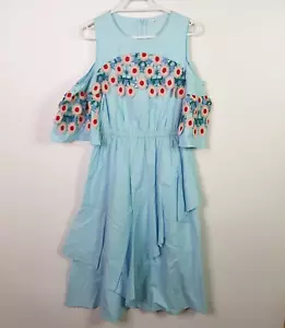 Vintage Floral Lace Open Shoulder Gathered Summer Dress Womens Size S Blue Light - Picture 1 of 11