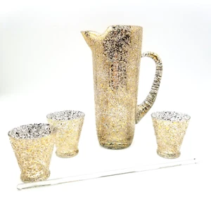 MCM Pitcher 3 Glasses Stirrer Gold & White Bar Ware Glass Splatter Spatter - Picture 1 of 14