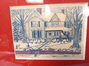 PAT GWYN Woltz ART Picture PRINT CHRISTMAS GREENS Oak FRAME 1977 SIGNED - Picture 1 of 6