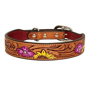 DC HILASON Western Genuine Leather Heavy Duty Dog Collar Floral Tooled - Picture 1 of 1