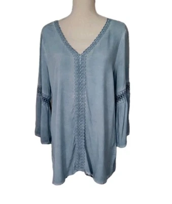 Top Spense Bohemio/Hippie Azul con Mangas Campana Cuello en V Acentos Crochet Talla M Foto 1 de 4