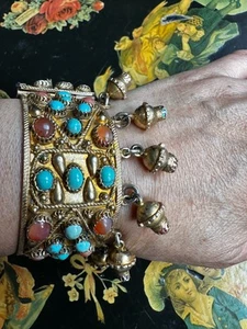 Rare Antique silver gilt turquoise coral carnelian bangle w/gem tassel -5cm 75g - Picture 1 of 24
