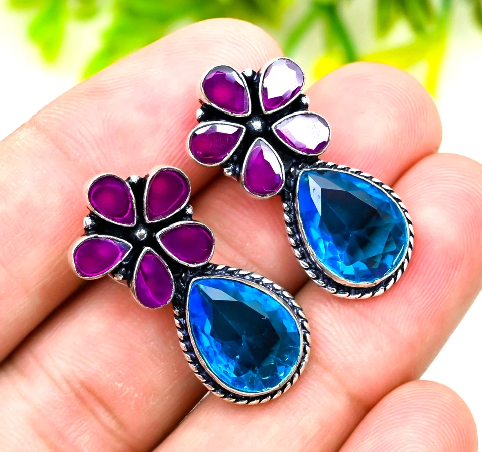 Orecchini gioielli in argento sterling 925 con topazio blu svizzero, pietra... - Immagine 1 di 4