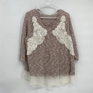 Maurices Strickbluse Spitzendetails transparentes Unterteil hellbraun 3/4 Ärmel Gr. 2 Plus - Bild 1 von 9
