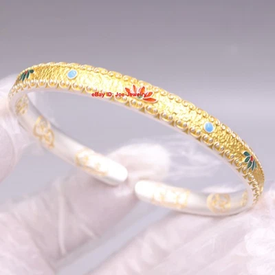 Brazalete brazalete para mujer real 999 plata fina con superficie de flor dorada 57-60 mm de diámetro Foto 1 de 4