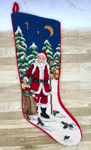 Vintage 100% Wool Needlepoint Christmas Stocking Canvas Back Old World Santa - Picture 1 of 12