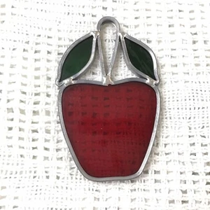 stained glass apple ornament sun catcher red green glass silver metal 4in - Picture 1 of 4