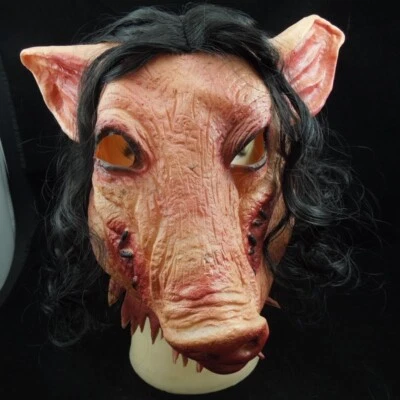 Halloween Chainsaw Scare Piggyback Mask with Hair Pig Head Spoof Horror Headgear - Image 1 of 4