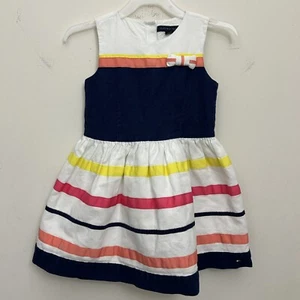 Tommy Hilfiger Girls Dress Multicolor Bow Button Down Lined Stripes Size 4 - Picture 1 of 6