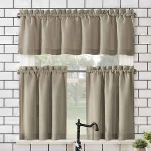 Martine Microfiber Semi-Sheer Rod Pocket Kitchen Curtain Valance and Tiers Set, - Picture 1 of 13