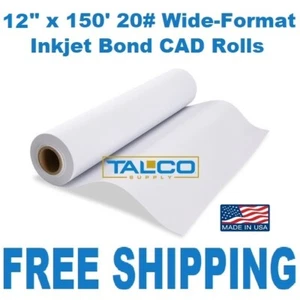 (1) 12" x 150' 20#, 92 Bright, 2" Core CAD Engineering Inkjet Bond Plotter Roll - Picture 1 of 3