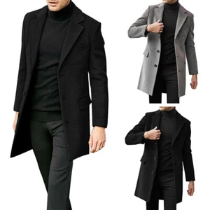 Abrigo de lana británico de manga larga para hombre otoño invierno abrigo de tweed chaqueta ajustada de trinchera - Imagen 1 de 15