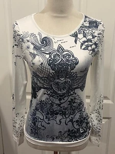 Women Top Shirt White Graphic Vintage Y2k Sz L w/Black Designs - Picture 1 of 4