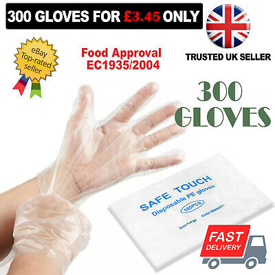 300 X Disposable Plastic Gloves PE Polythene Clear Catering Food Car Safe Prep • 3.45£