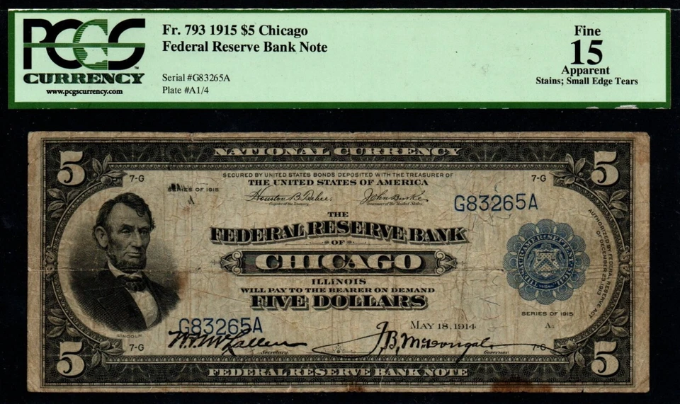 SCARCE 1915 Series $5 ORIGINAL SIGNATURES Federal Reserve Bank Note - CERTIFIED! - Image 1 of 2