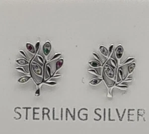 925 Sterling Silver Tree of Life Coloured CZ Stones Women, Girl Pierced Earrings - Picture 1 of 6