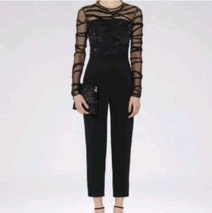 Reiss Women's Black Sequin Jumpsuit Salie Size 0 Sheer Long Sleeve NWT $495 Fit - Picture 1 of 17