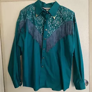 Lila Guilty exklusive Westernkleidung Baumwollbluse metallic spitzengrün Vintage XL - Bild 1 von 10
