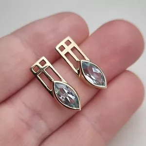 Hallmarked 9ct Yellow Gold Marquise Aquamarine Bezel Drop Stud Earrings 2.9g - Picture 1 of 13