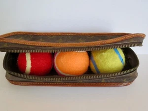LOUIS VUITTON Monogrammed Logo TENNIS BALL Carrying CASE 3 Balls Zippered - Picture 1 of 13